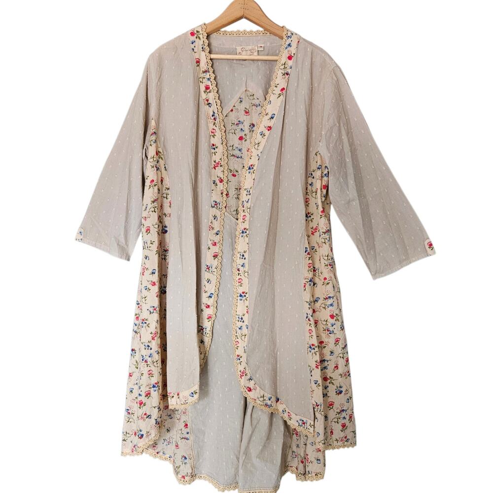Women's Paper Lace Kimono Floral & Cream Dot Boho Patchwork Duster Outerwear OS